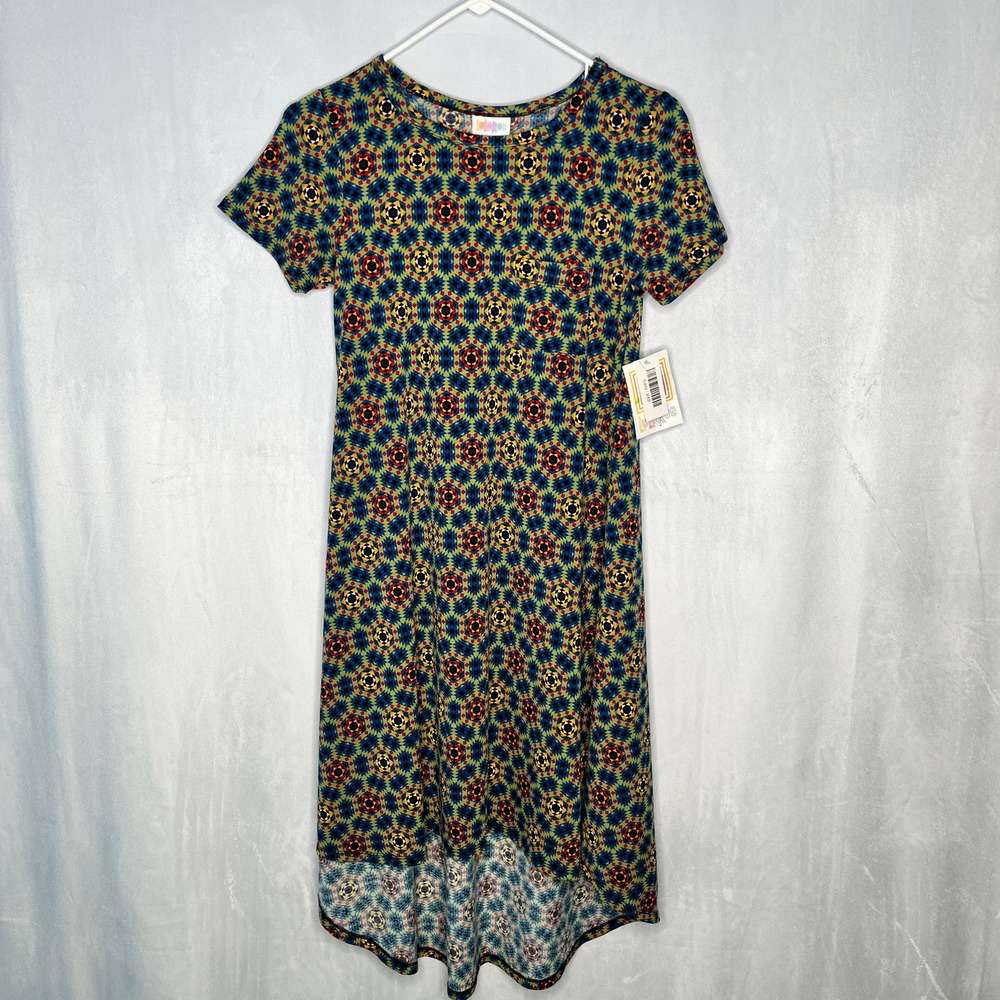 LuLaRoe Dress Green Blue Aztec Quilt Hi Low Carly New XXS